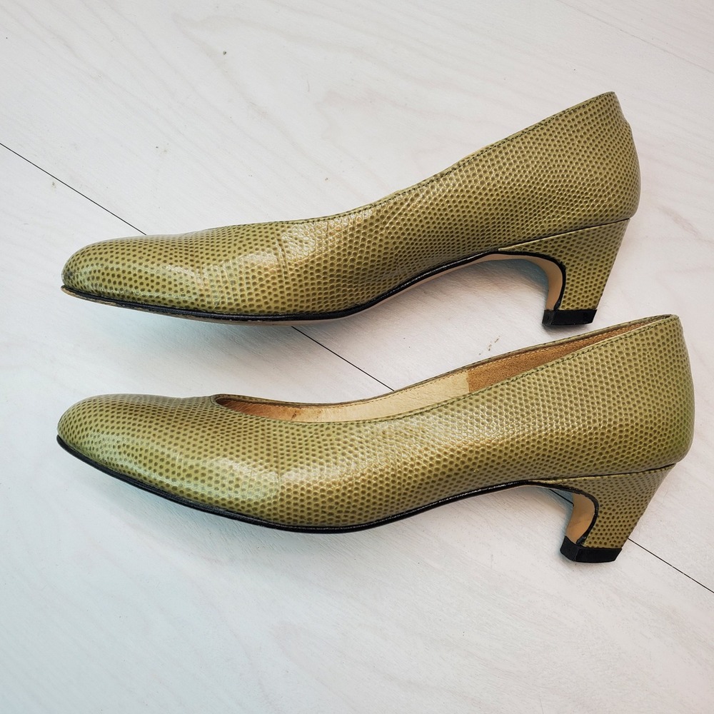 Johansen Vntg Lizard Embossed Leather Heels Olive Green Pointed Toe Pumps Size 5 - Picture 4 of 12